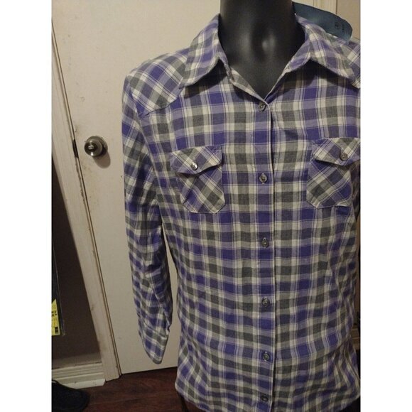NWT New IZOD Women's Large L Cotton Button Up Shirt Purple Gray Long Sleeve - Picture 13 of 15